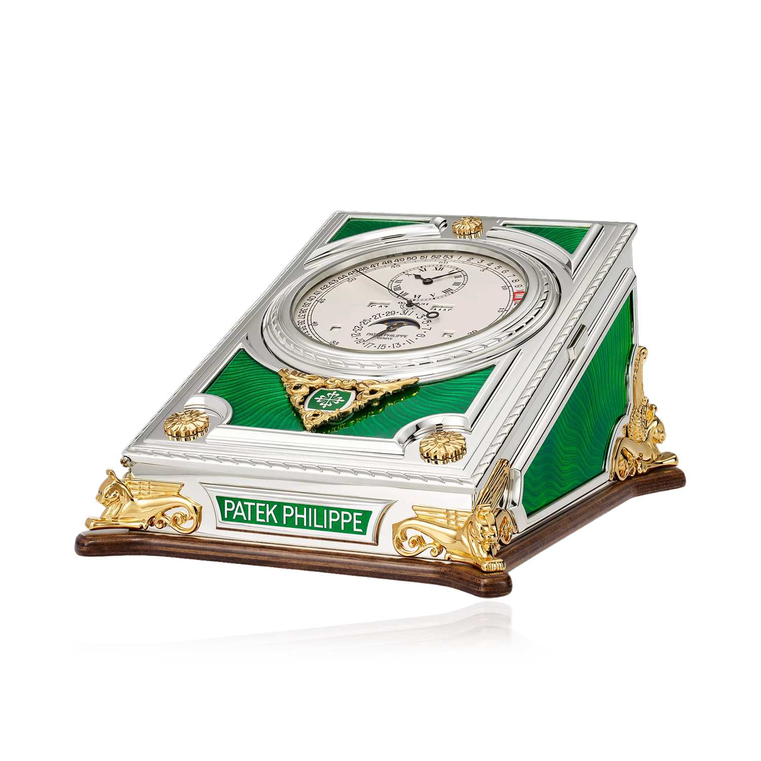 Patek Philippe clock with green and gold design on a white background