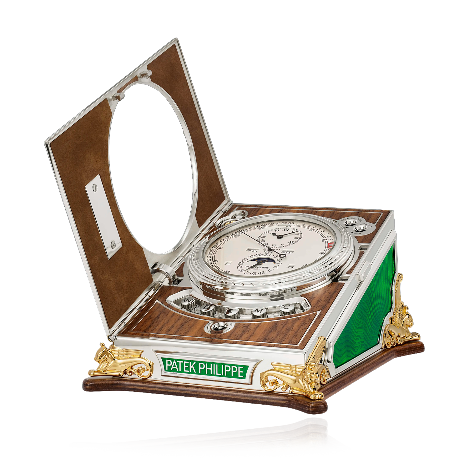 Patek Philippe compass in an open wooden box on a white background