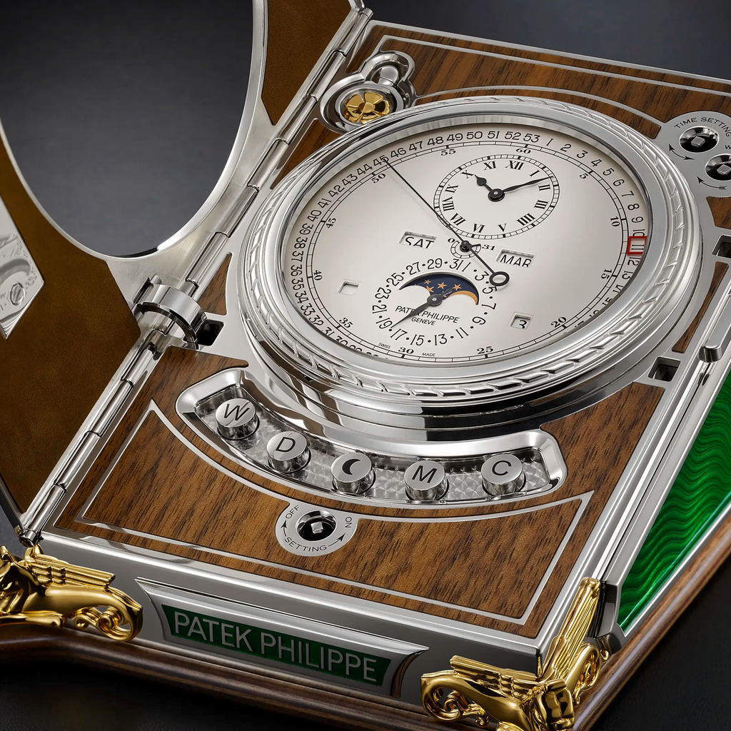 Patek Philippe pocket watch with wooden case and detailed face